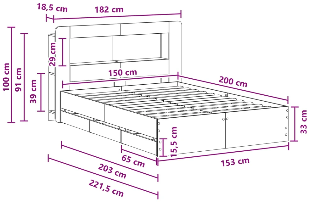 Lovos rėmas su saugojimu ir nugara Balta 150 x 200 cm
