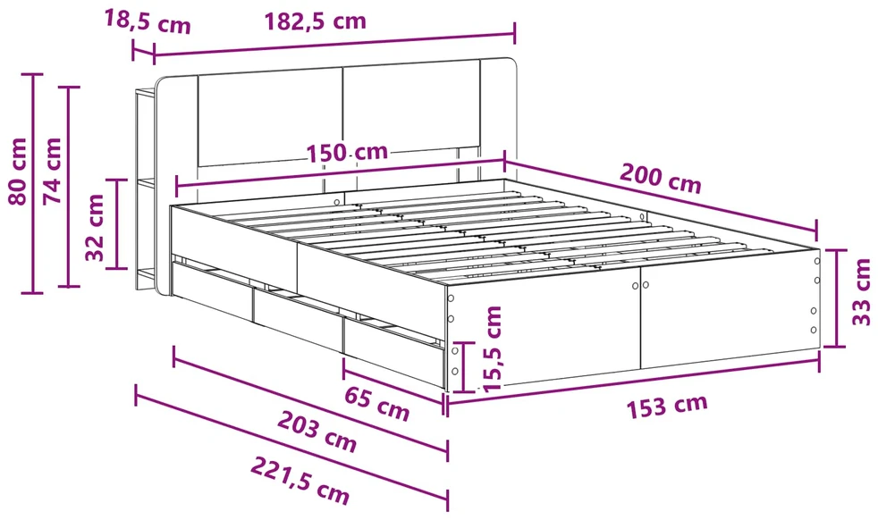 Lovos rėmas su saugojimu ir nugara Balta 150 x 200 cm