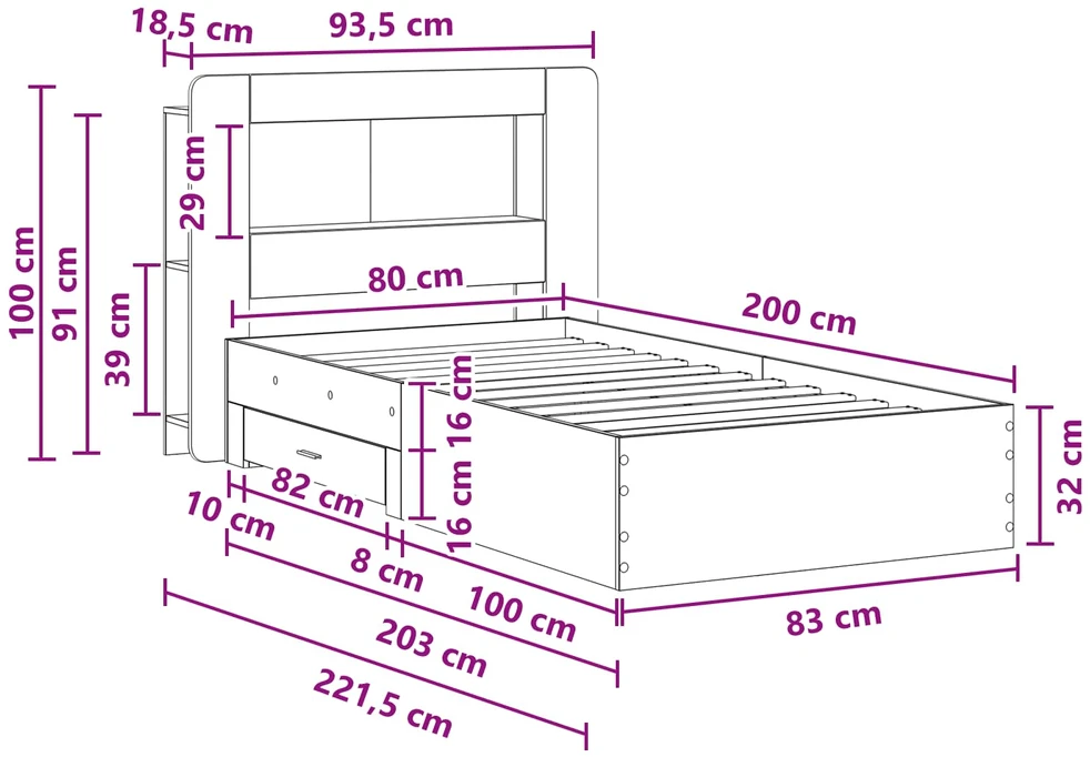 Lova Lovos rėmas su saugojimu Balta 80 x 200 cm Apdirbta mediena