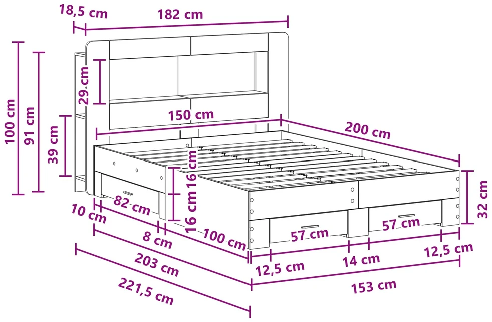 Lovos rėmas su saugojimu Betono pilka 150 x 200 cm