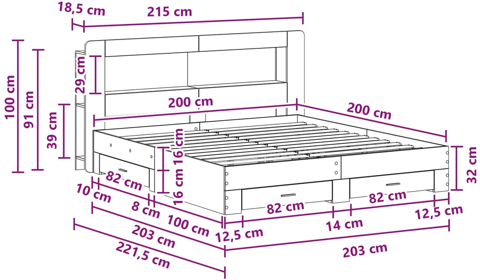 Lovos rėmas su saugojimu Betono pilka 200 x 200 cm