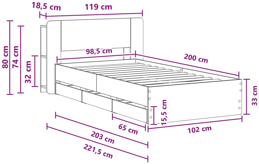 Lova Lovos rėmas su saugojimu ir nugara Dūminio ąžuolo 100 x 200 cm