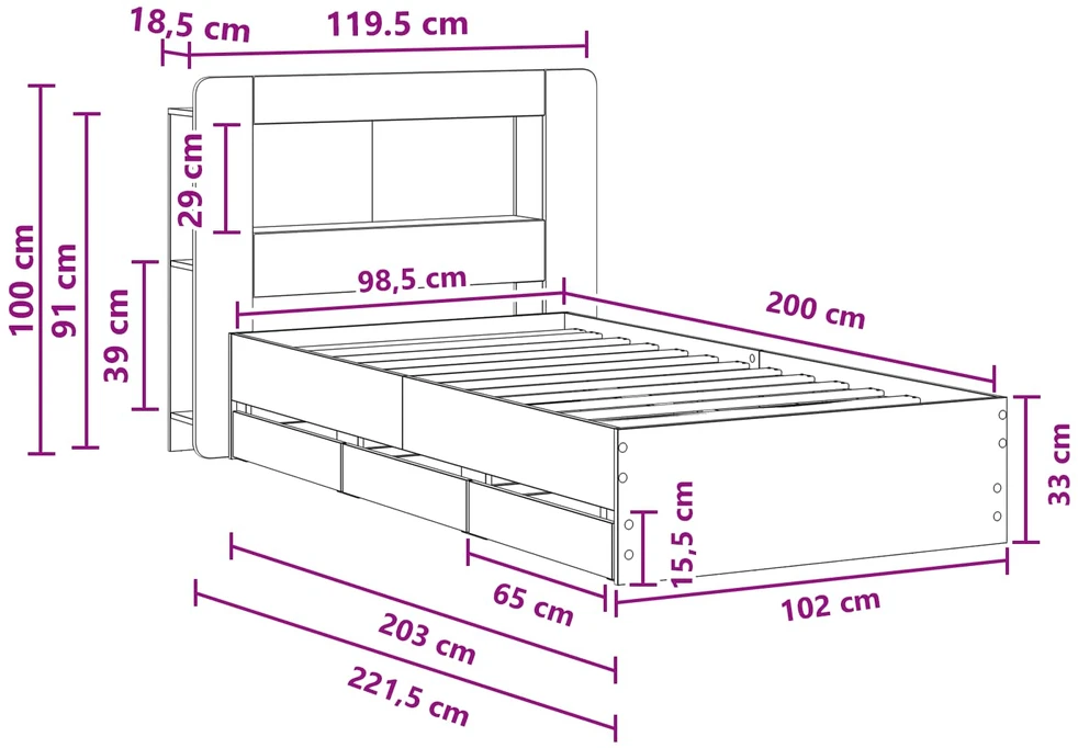 Lova Lovos rėmas su saugojimu ir nugara Dūminio ąžuolo 100 x 200 cm