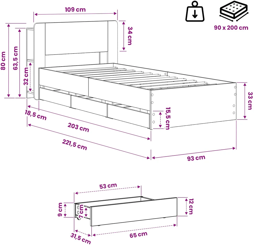 Lova Lovos rėmas su saugojimu ir nugara Artisano ąžuolo 90 x 200 cm