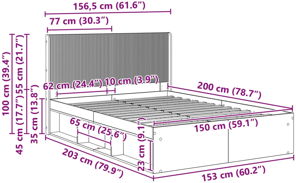 Lovos rėmas su saugojimu ir nugara Balta 150 x 200 cm