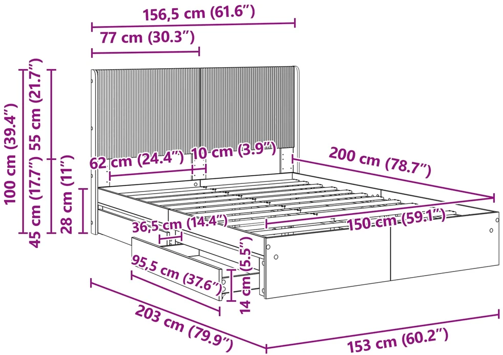 Lovos rėmas su saugojimu ir nugara Betono pilka 150 x 200 cm