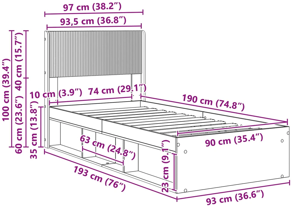 Lova Lovos rėmas su saugojimu ir nugara Betono pilka 90 x 190 cm