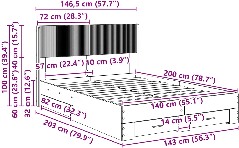 Lovos rėmas su saugojimu ir nugara Betono pilka 140 x 200 cm