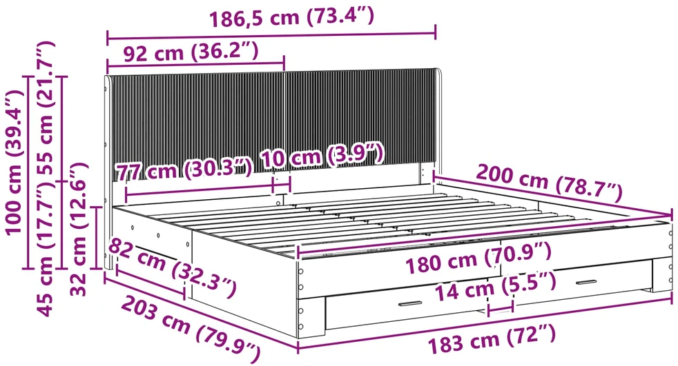 Lovos rėmas su saugojimu ir nugara Betono pilka 180 x 200 cm