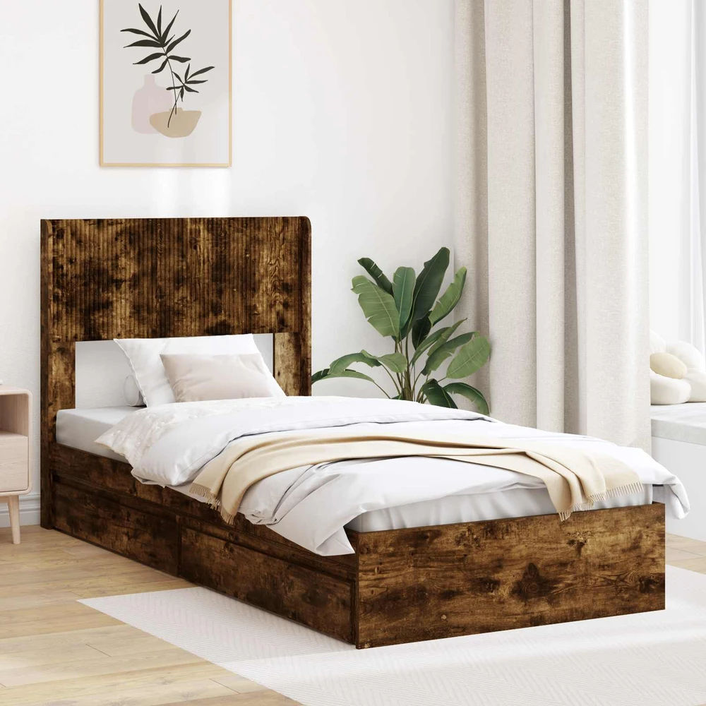Lova Lovos rėmas su saugojimu ir nugara Dūminio ąžuolo 75 x 190 cm