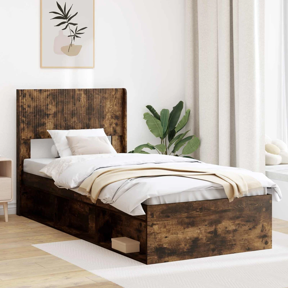 Lova Lovos rėmas su saugojimu ir nugara Dūminio ąžuolo 90 x 200 cm