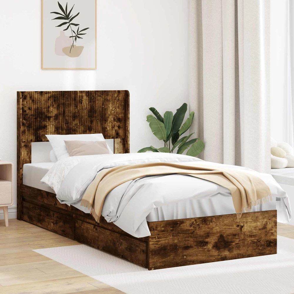 Lova Lovos rėmas su saugojimu ir nugara Dūminio ąžuolo 100 x 200 cm