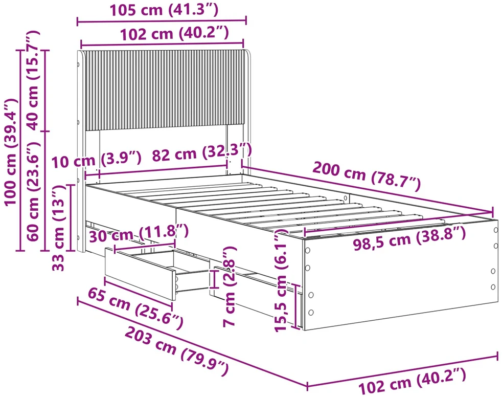Lova Lovos rėmas su saugojimu ir nugara Dūminio ąžuolo 100 x 200 cm