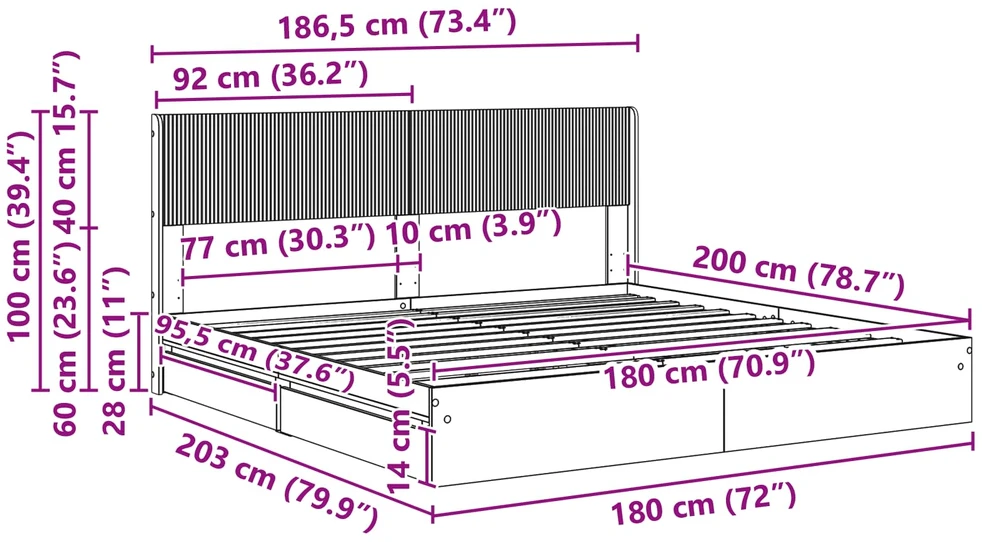 Lovos rėmas su saugojimu ir nugara Dūminio ąžuolo 180 x 200 cm