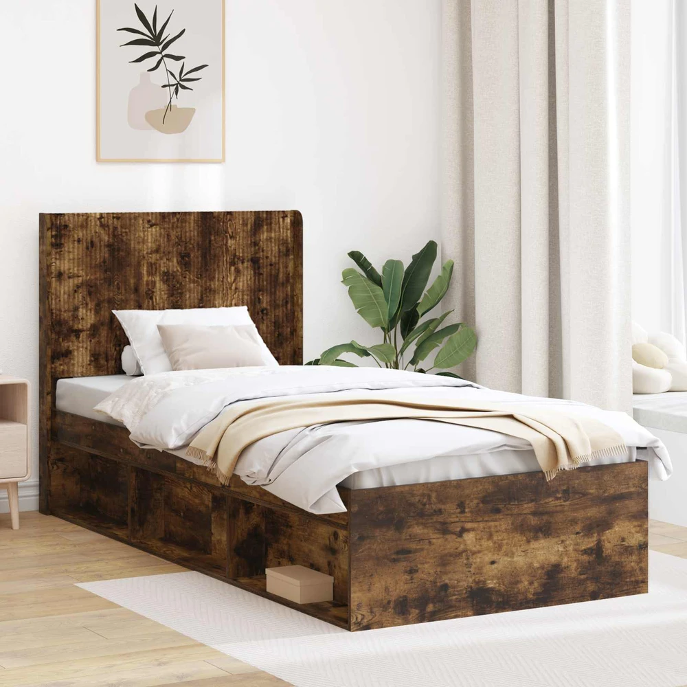 Lova Lovos rėmas su saugojimu ir nugara Dūminio ąžuolo 90 x 200 cm