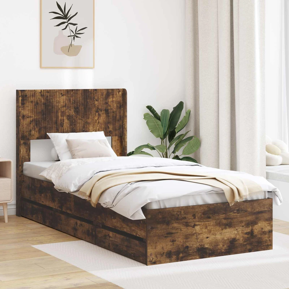 Lova Lovos rėmas su saugojimu ir nugara Dūminio ąžuolo 90 x 190 cm