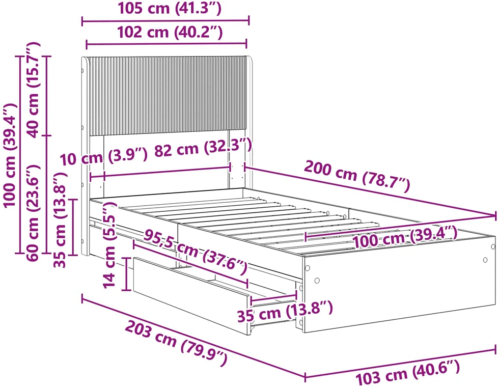 Lova Lovos rėmas su saugojimu ir nugara Dūminio ąžuolo 100 x 200 cm