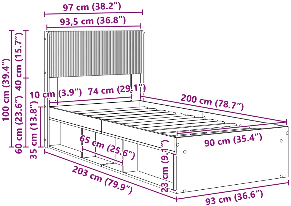 Lova Lovos rėmas su saugojimu ir nugara Dūminio ąžuolo 90 x 200 cm