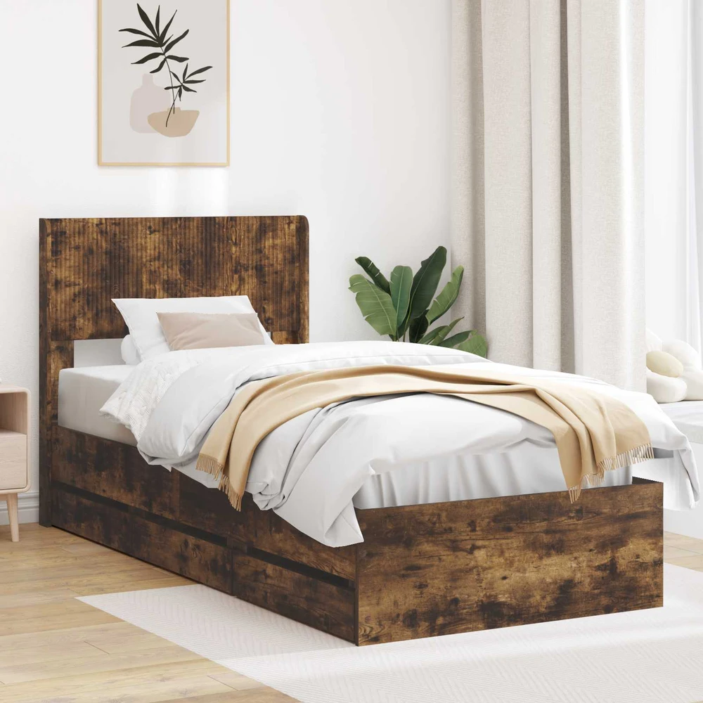 Lova Lovos rėmas su saugojimu ir nugara Dūminio ąžuolo 100 x 200 cm