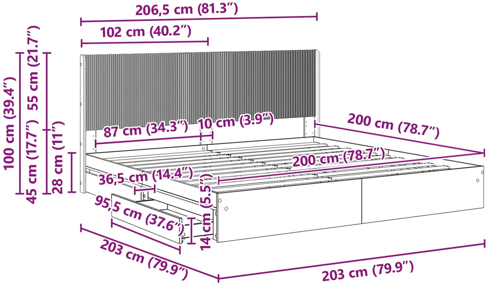 Lovos rėmas su saugojimu ir nugara Juoda 200 x 200 cm