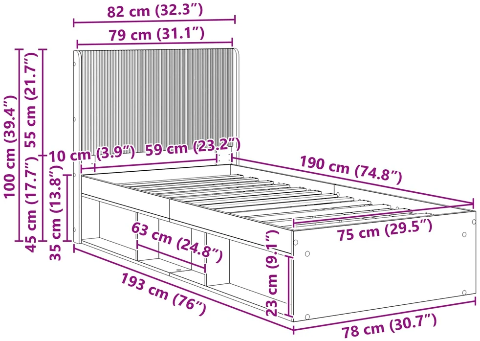 Lova Lovos rėmas su saugojimu ir nugara Juoda 75 x 190 cm