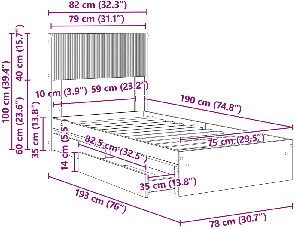Lova Lovos rėmas su saugojimu ir nugara Juoda 75 x 190 cm