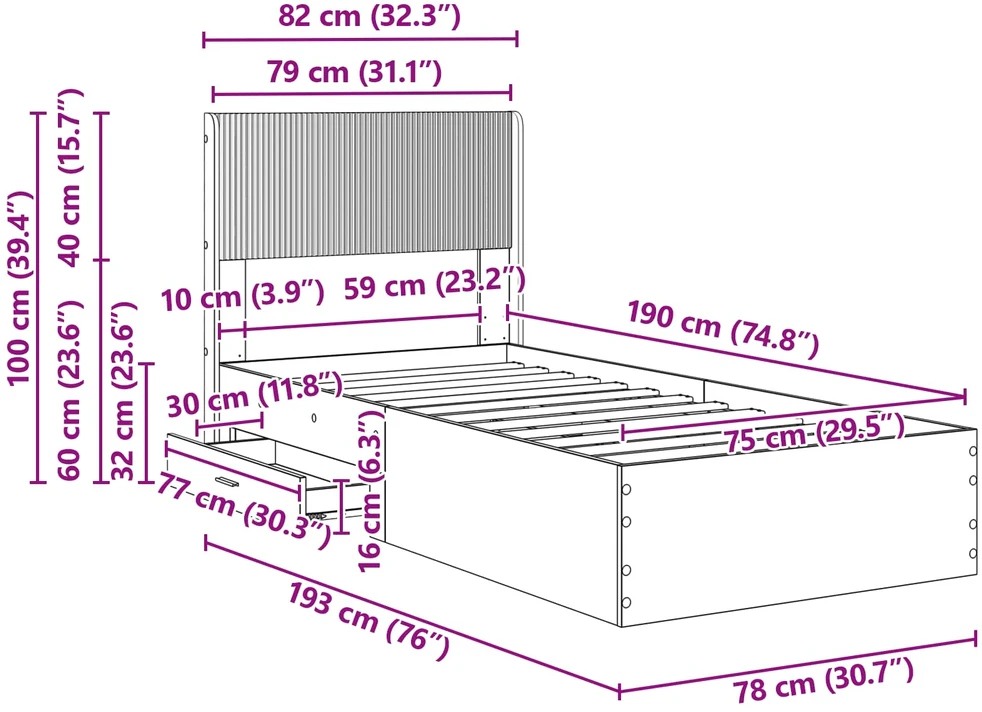 Lova Lovos rėmas su saugojimu ir nugara Juoda 75 x 190 cm