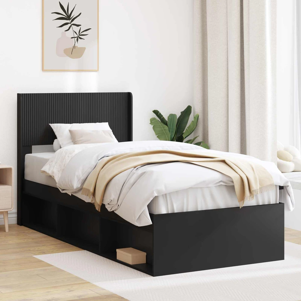 Lova Lovos rėmas su saugojimu ir nugara Juoda 90 x 190 cm