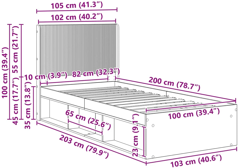 Lova Lovos rėmas su saugojimu ir nugara Juoda 100 x 200 cm