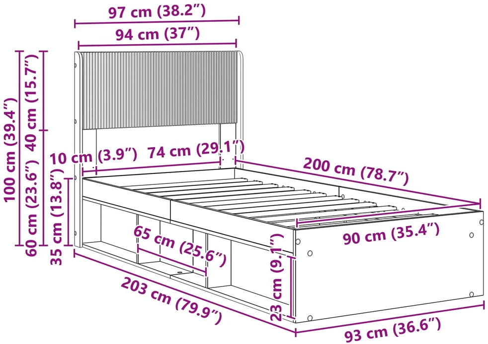Lova Lovos rėmas su saugojimu ir nugara Juoda 90 x 200 cm