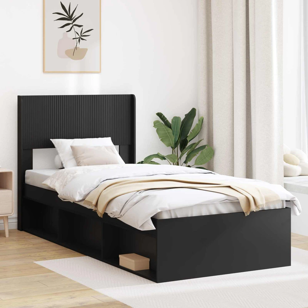 Lova Lovos rėmas su saugojimu ir nugara Juoda 75 x 190 cm