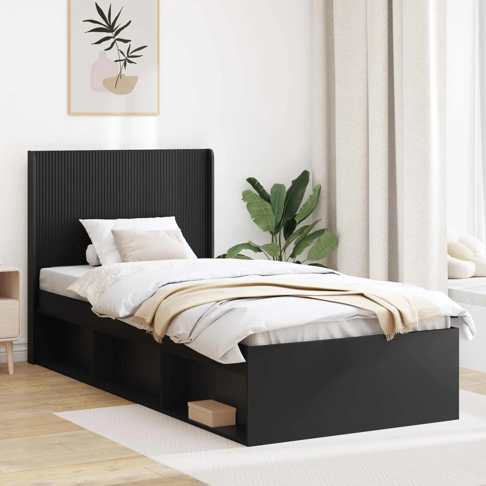Lova Lovos rėmas su saugojimu ir nugara Juoda 100 x 200 cm