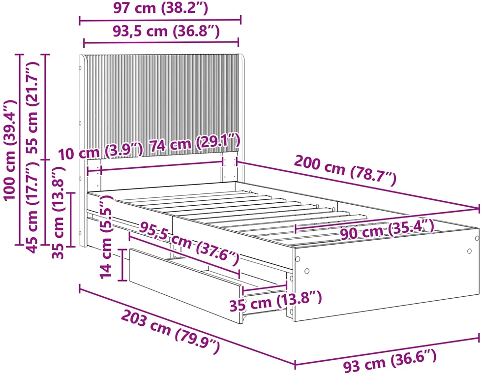 Lova Lovos rėmas su saugojimu ir nugara Pilka Sonoma 90 x 200 cm