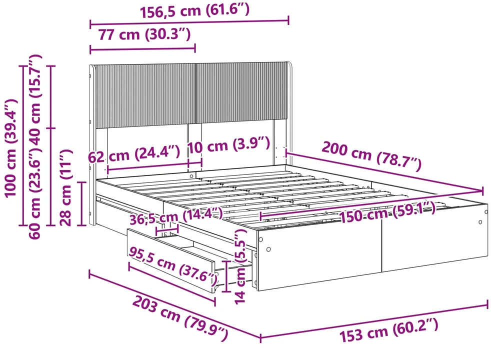 Lovos rėmas su saugojimu ir nugara Pilka Sonoma 150 x 200 cm