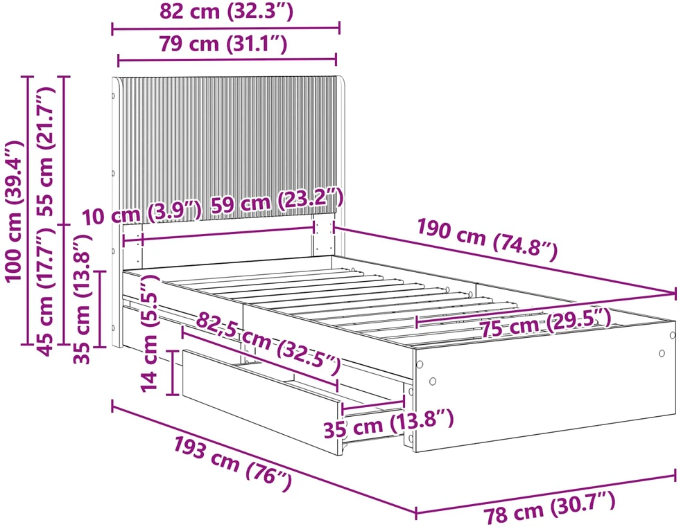 Lova Lovos rėmas su saugojimu ir nugara Pilka Sonoma 75 x 190 cm