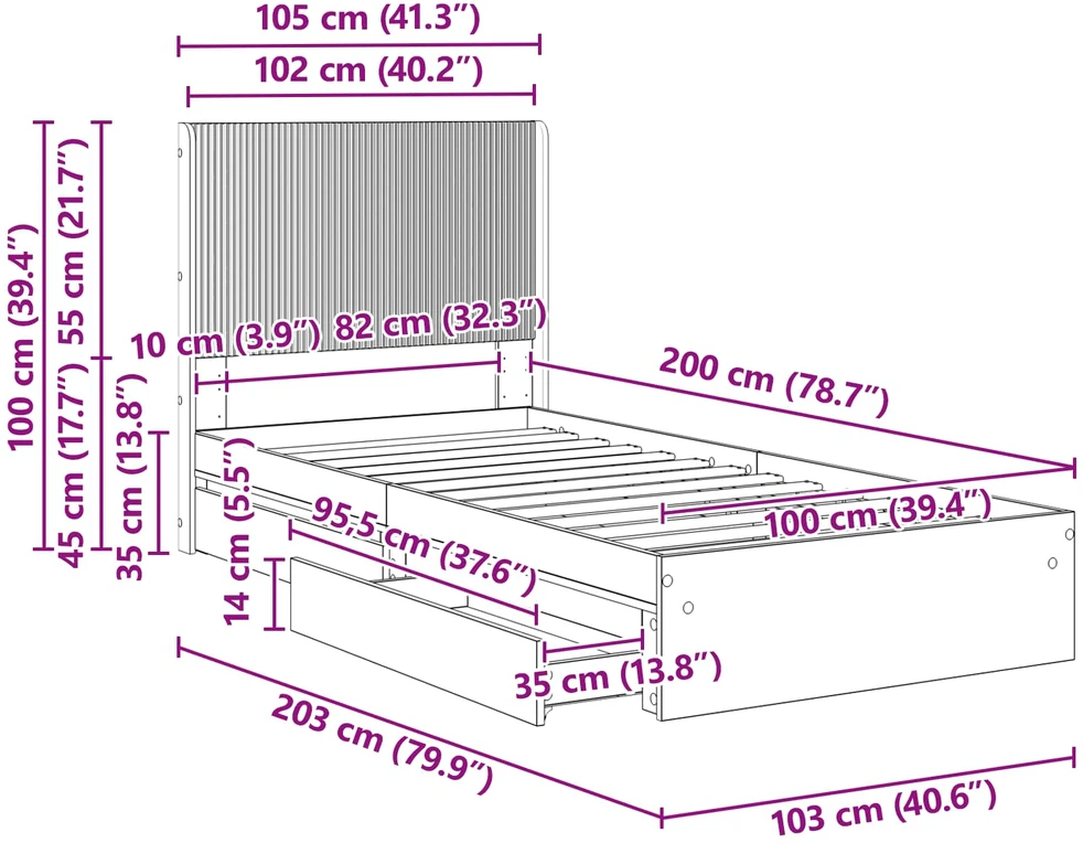 Lova Lovos rėmas su saugojimu ir nugara Sonoma ąžuolas 100 x 200 cm
