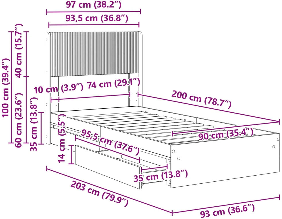 Lova Lovos rėmas su saugojimu ir nugara Sonoma ąžuolas 90 x 200 cm