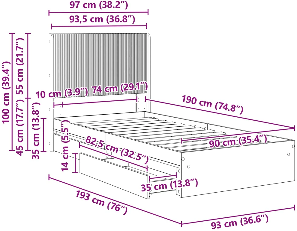 Lova Lovos rėmas su saugojimu ir nugara Sonoma ąžuolas 90 x 200 cm