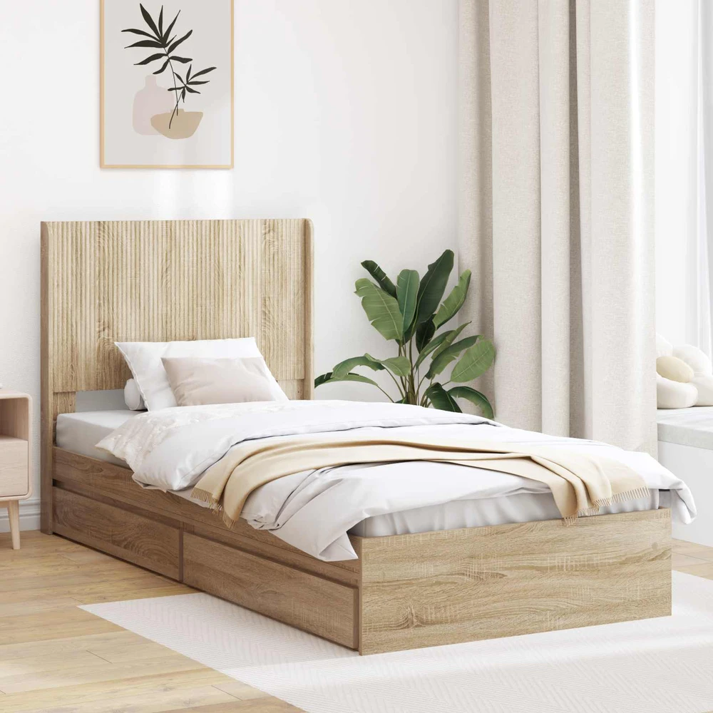 Lova Lovos rėmas su saugojimu ir nugara Sonoma ąžuolas 90 x 200 cm