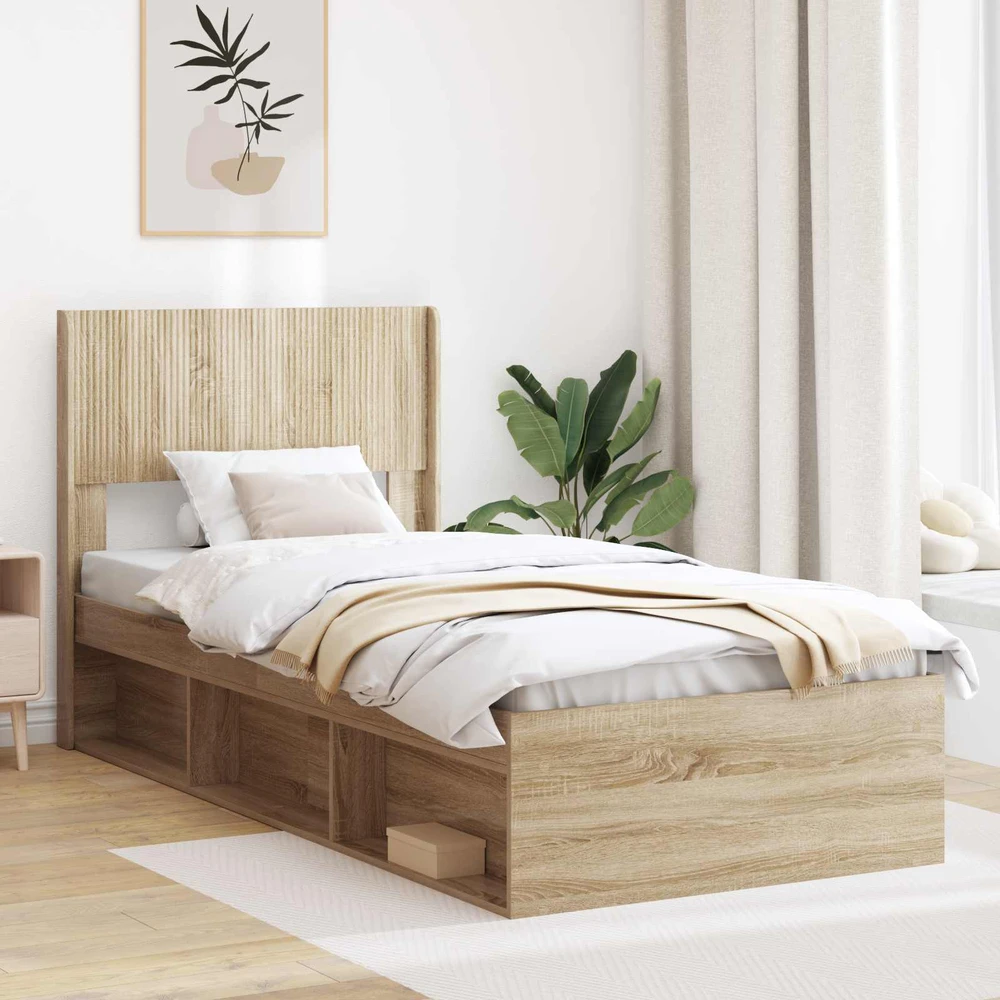 Lova Lovos rėmas su saugojimu ir nugara Sonoma ąžuolas 75 x 190 cm