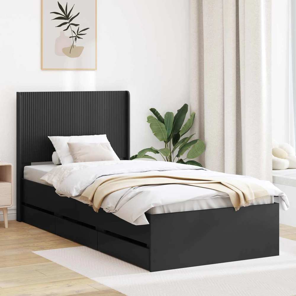 Lova Lovos rėmas su saugojimu ir nugara su stalčių Juoda 75 x 190 cm