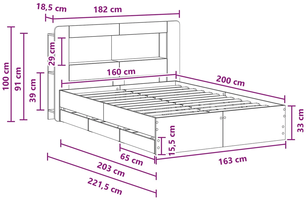 Lovos rėmas su saugojimu ir nugara Juoda 160 x 200 cm