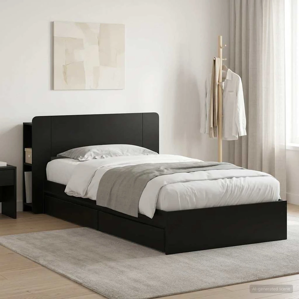 Lova Lovos rėmas su saugojimu Juoda 75 x 190 cm Apdirbta mediena