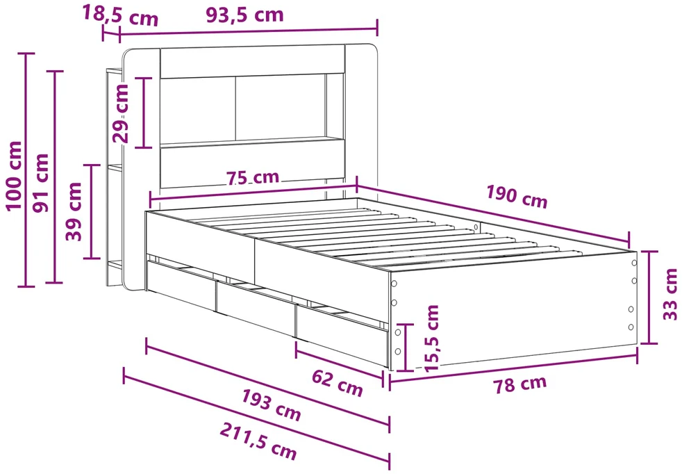 Lova Lovos rėmas su saugojimu ir nugara su stalčių Juoda 75 x 190 cm
