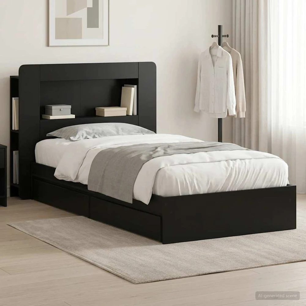 Lova Lovos rėmas su saugojimu Juoda 75 x 190 cm Apdirbta mediena