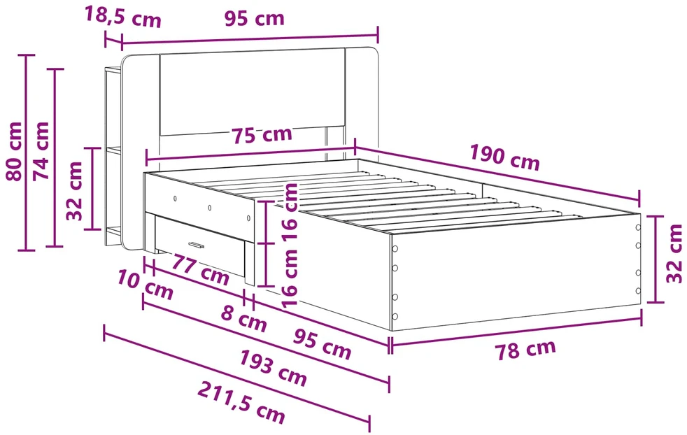 Lova Lovos rėmas su saugojimu Juoda 75 x 190 cm Apdirbta mediena