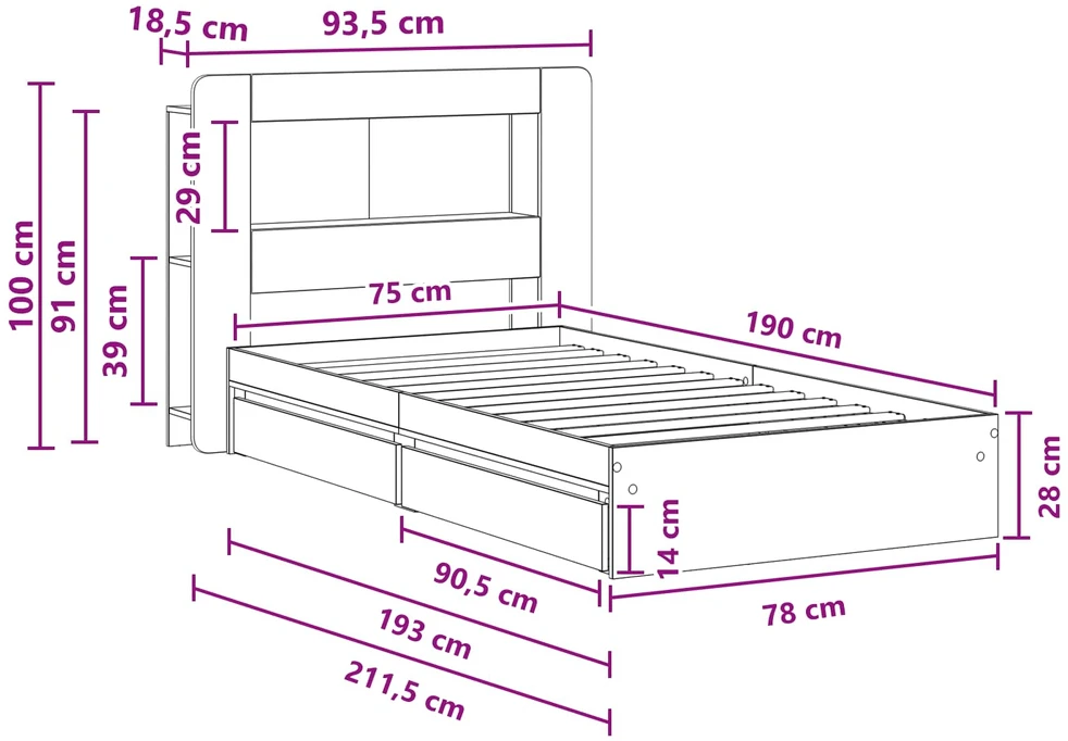 Lova Lovos rėmas su saugojimu Juoda 75 x 190 cm Apdirbta mediena