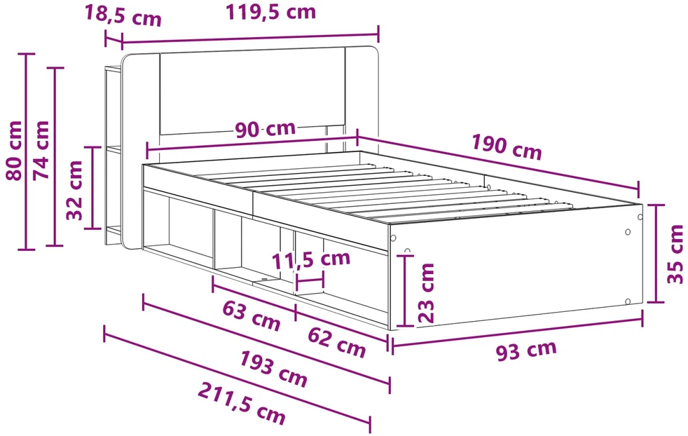 Lova Lovos rėmas su saugojimu Juoda 90 x 190 cm Apdirbta mediena