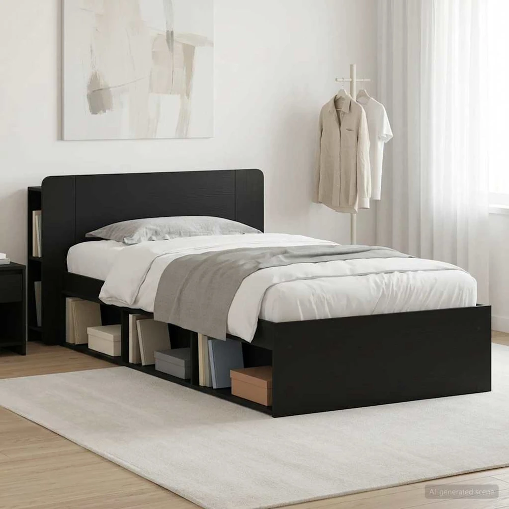 Lova Lovos rėmas su saugojimu Juoda 90 x 190 cm Apdirbta mediena