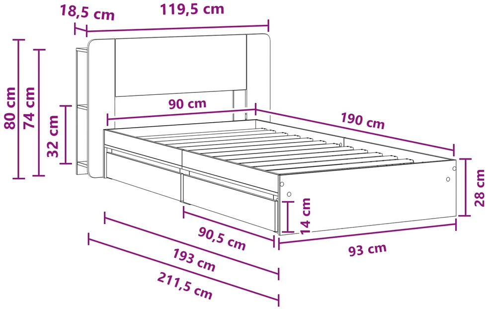 Lova Lovos rėmas su saugojimu Juoda 90 x 190 cm Apdirbta mediena